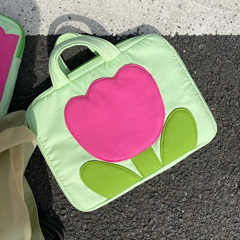 Net-red polyester handbag for women with retro green red flower pattern, 14 inch or 16 inch size options