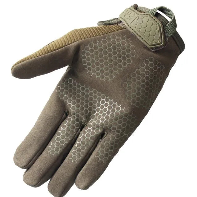 Tactical gloves in army green colour constructed from microfiber and nylon for outdoor combat and shooting use