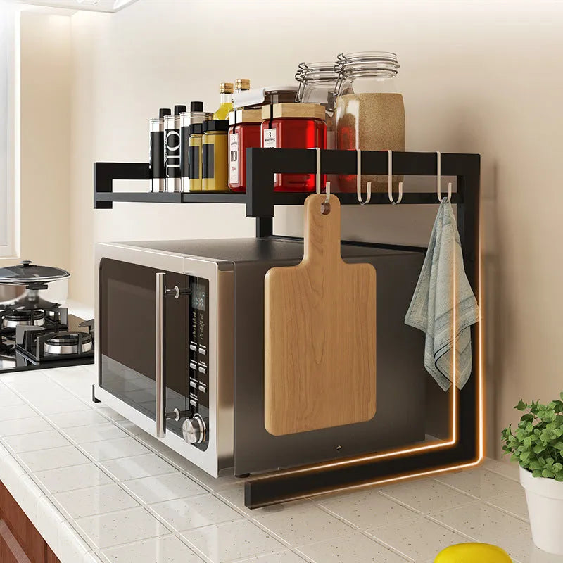 Retractable metal kitchen microwave rack on countertop with 2-layer shelf and no-punch installation