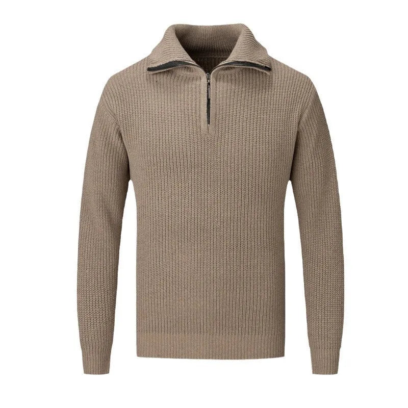 Men's solid colour slim fit pullover sweater on a hanger, shown in camel colour.
