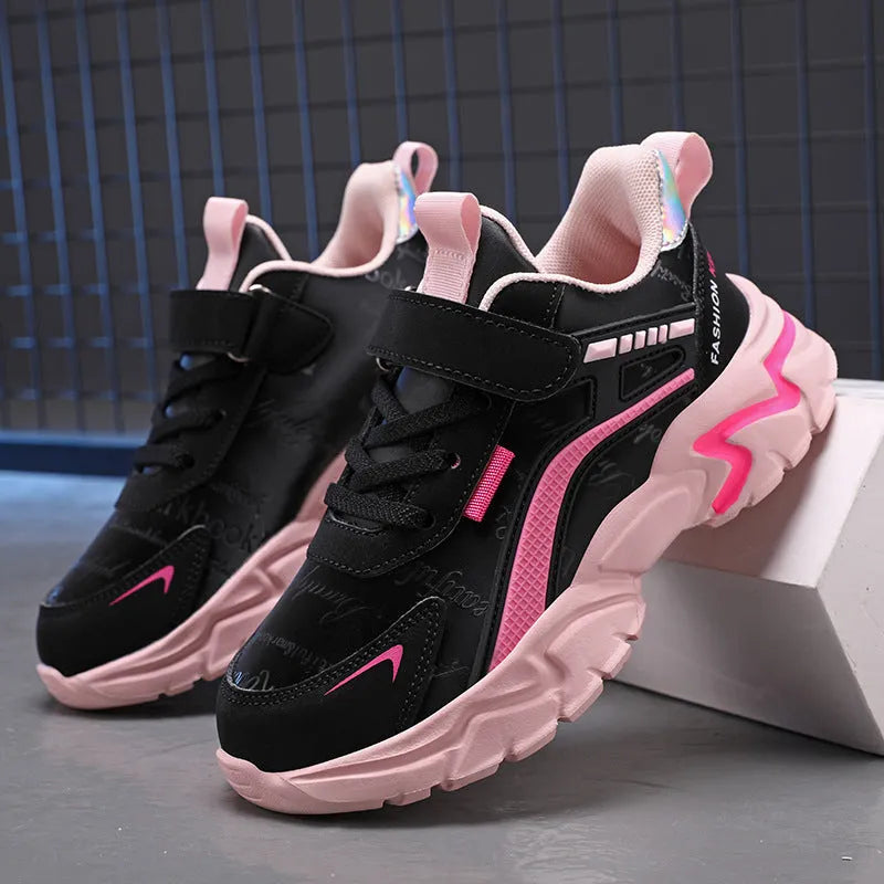 Waterproof leather girls casual sneaker with Velcro fastening, pink upper, and non-slip MD sole