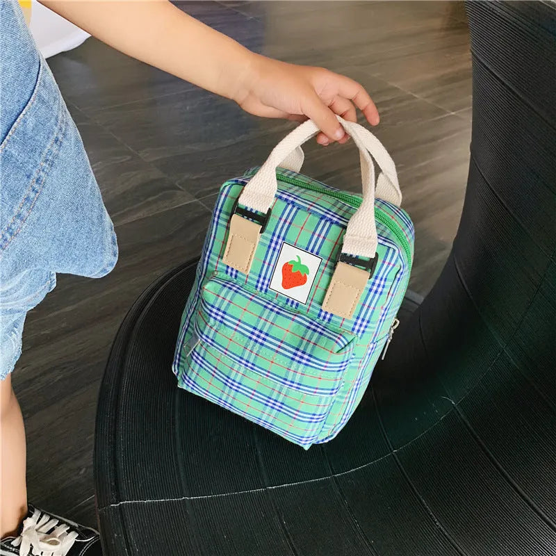 Fashion mini cartoon checked canvas children's backpack for school in blue with soft handle and double shoulder straps