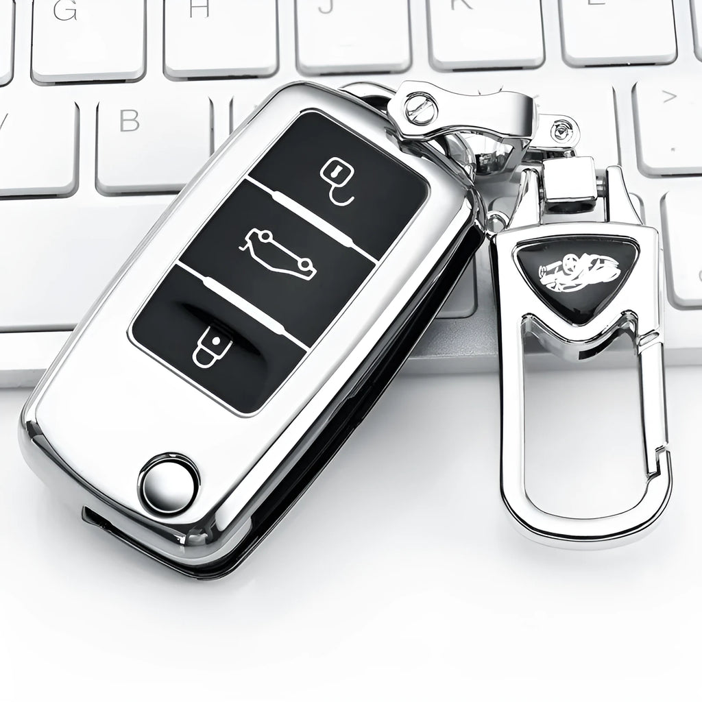 VW Model A folding car key inside a TPU protective case in blue, silver, pink, and red colour options.