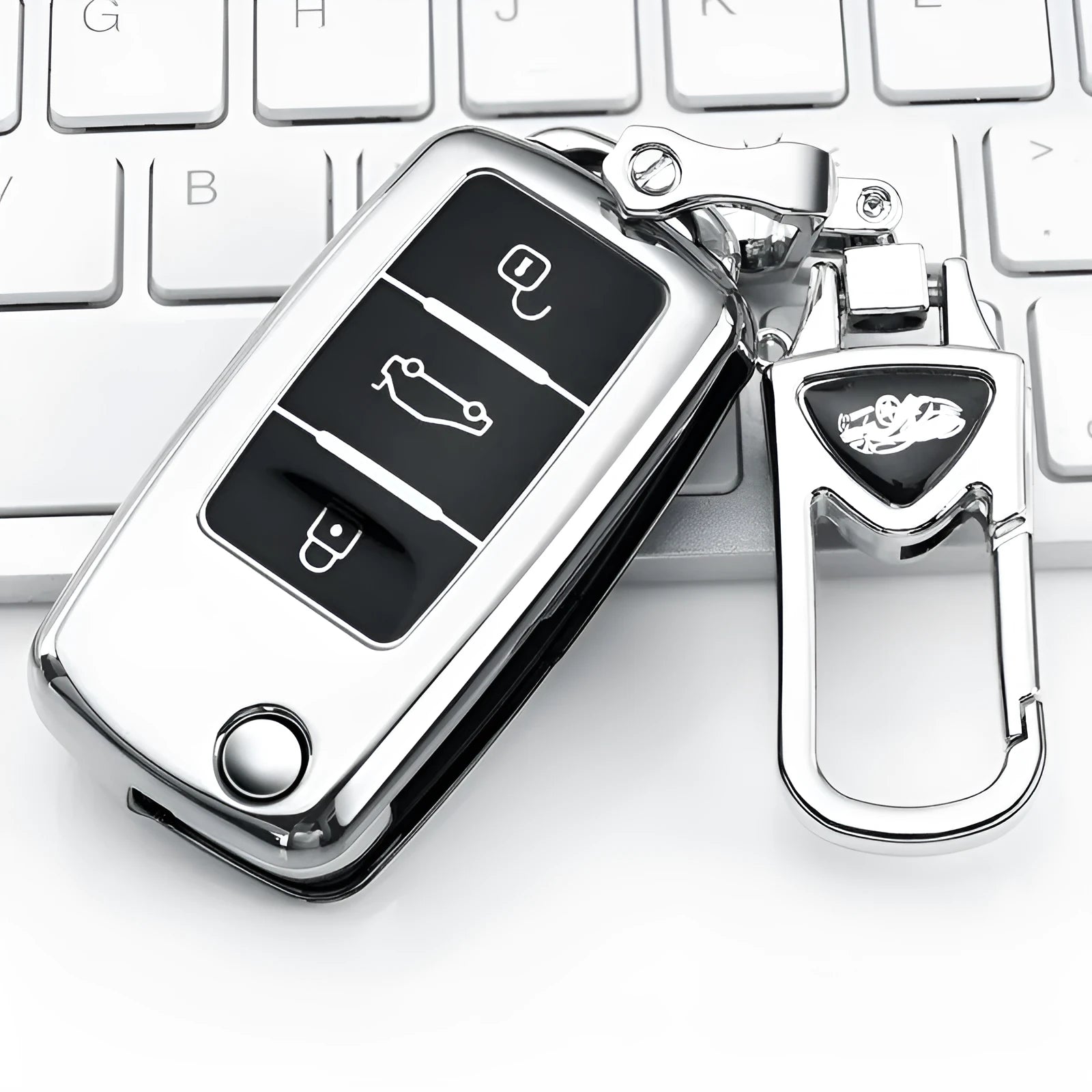 VW Model A folding car key inside a TPU protective case in blue, silver, pink, and red colour options.