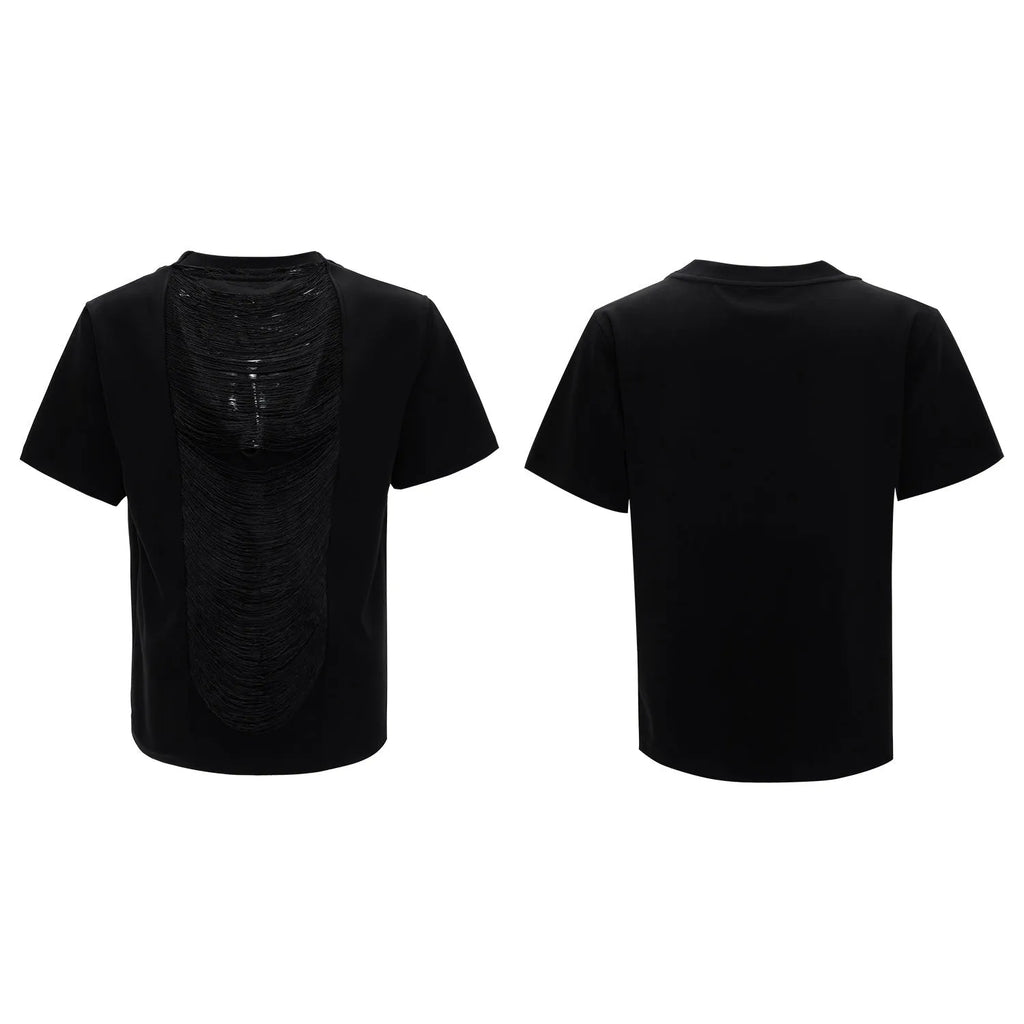 Men's black hollow out V-neck loose fit polyester T-shirt with tassel detail