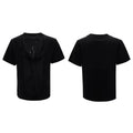Men's black hollow out V-neck loose fit polyester T-shirt with tassel detail