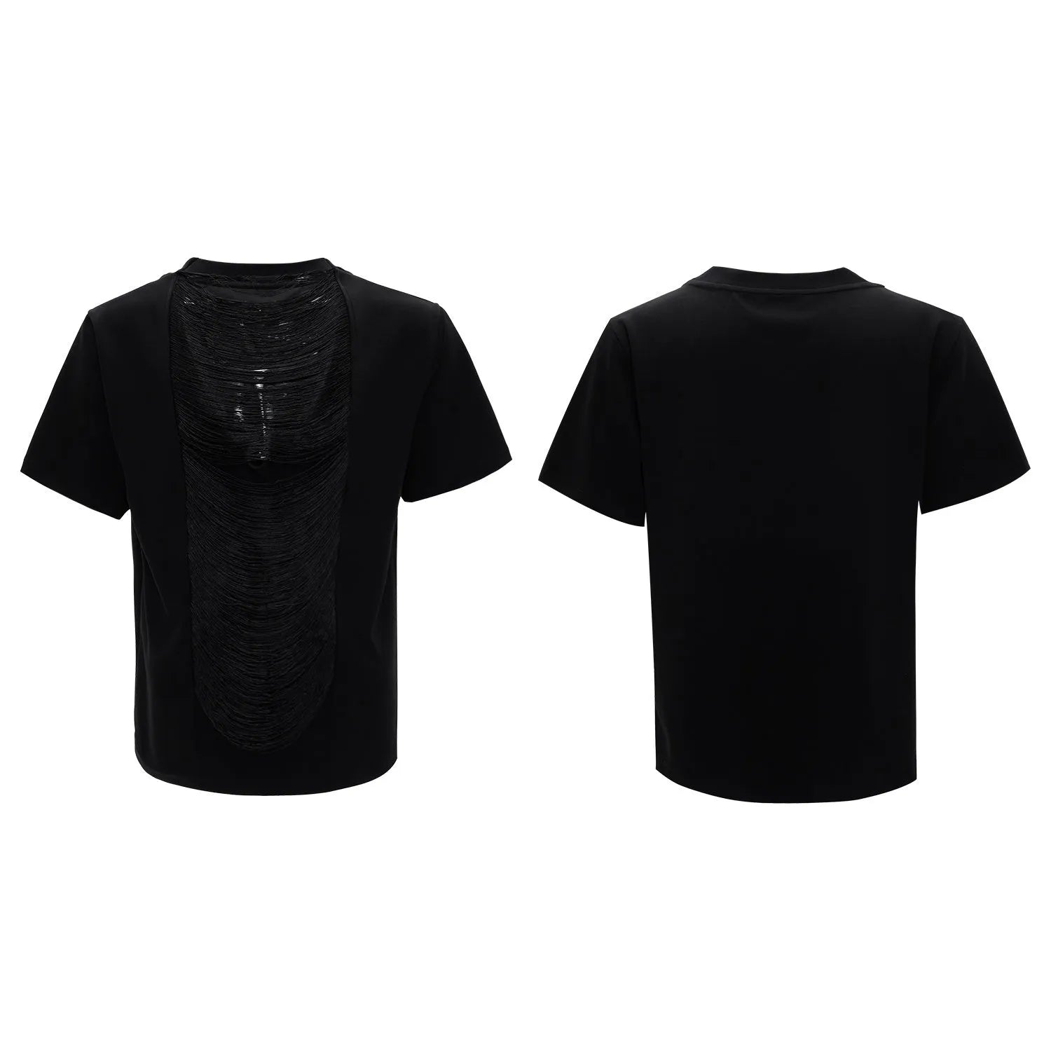Men's black hollow out V-neck loose fit polyester T-shirt with tassel detail