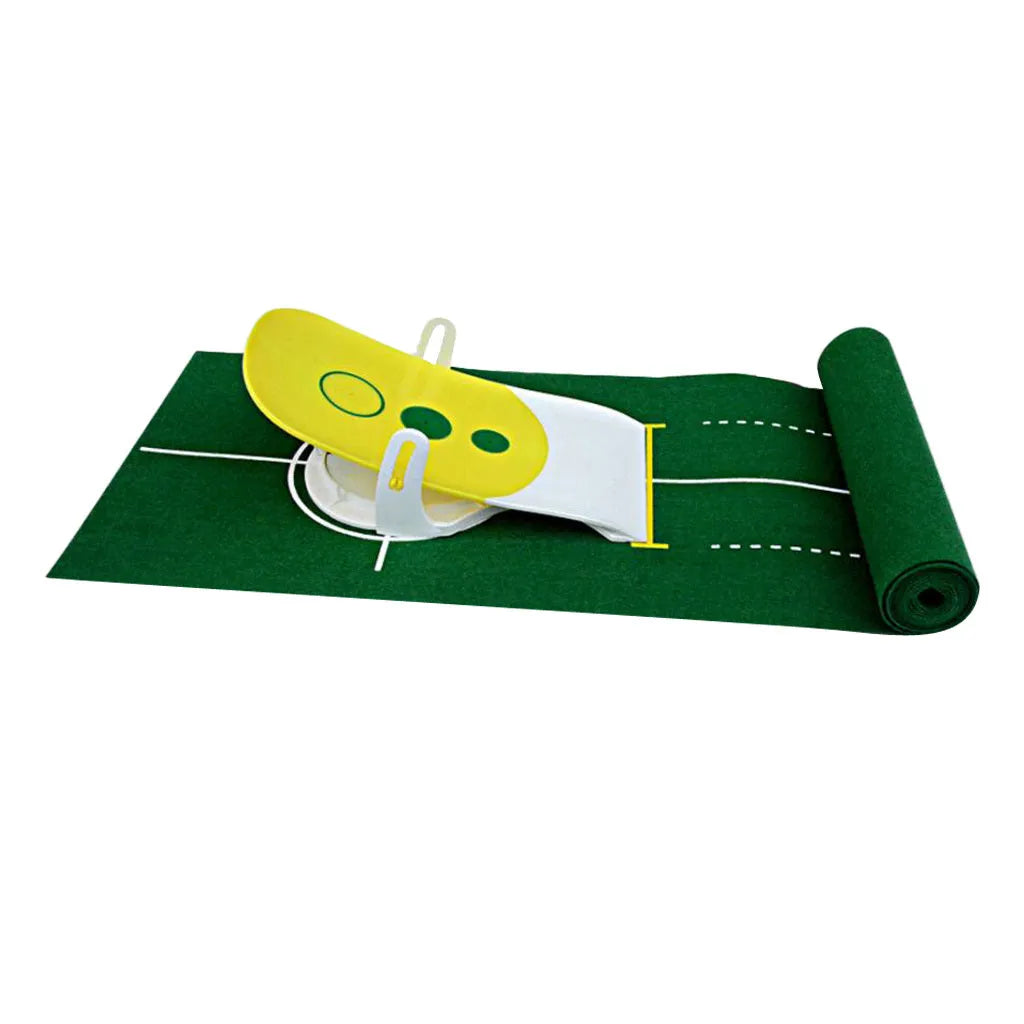 Precision putter exerciser with 230cm non-woven green putting mat and simulator unit on a living room floor