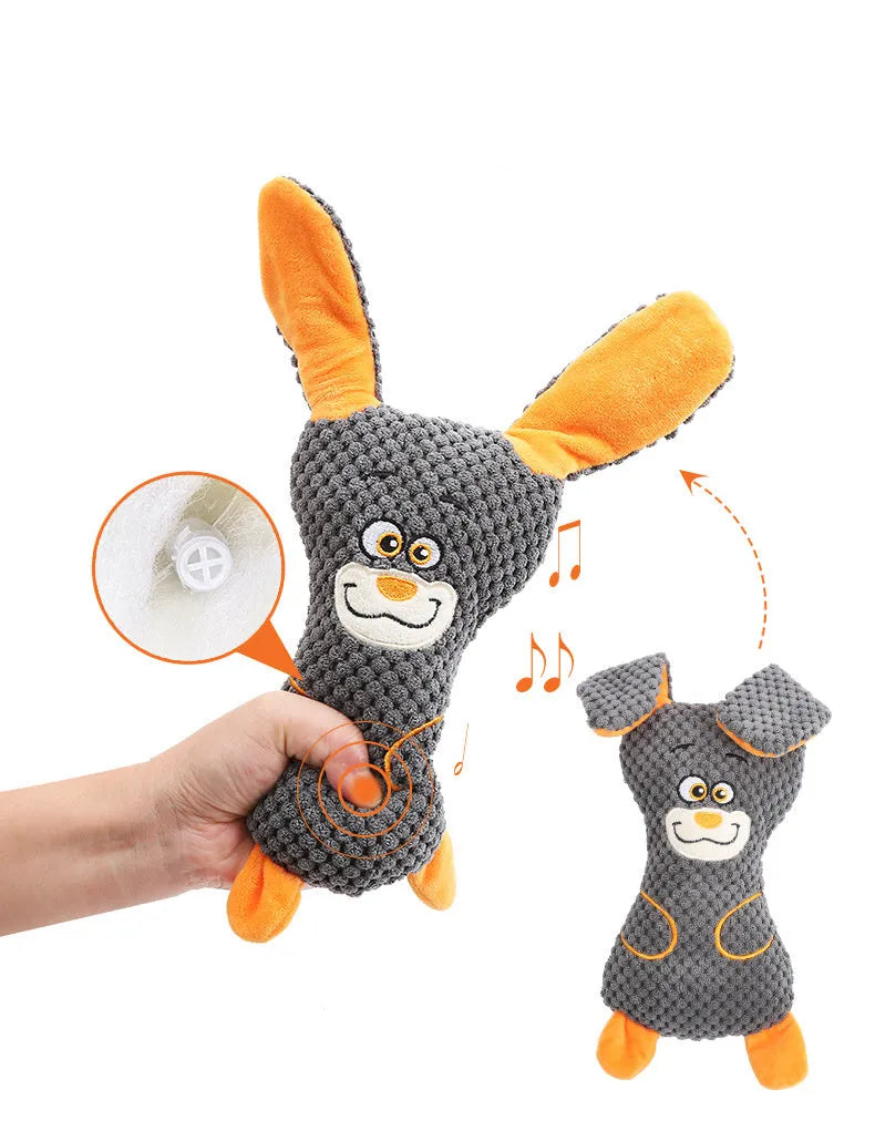 Dog plush bites toy in animal shape with squeaker for teeth cleaning, available in blue green orange