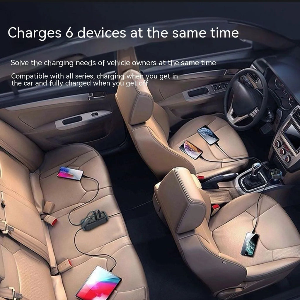 Automatic retractable 120W car charger with one-to-four USB ports and cigarette lighter plug.