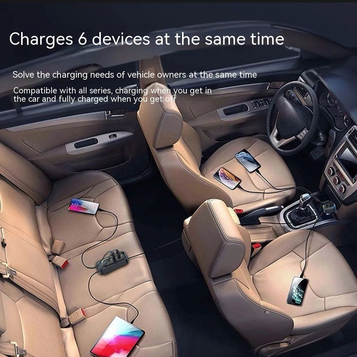 Automatic retractable 120W car charger with one-to-four USB ports and cigarette lighter plug.