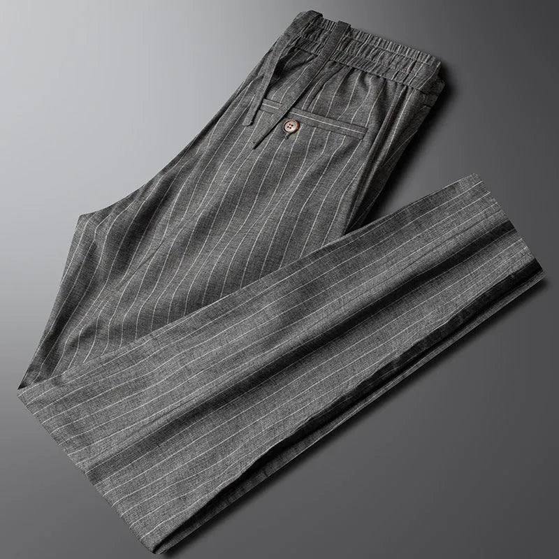 Cotton and linen casual pants for men with drawstring waist in blue gray colour