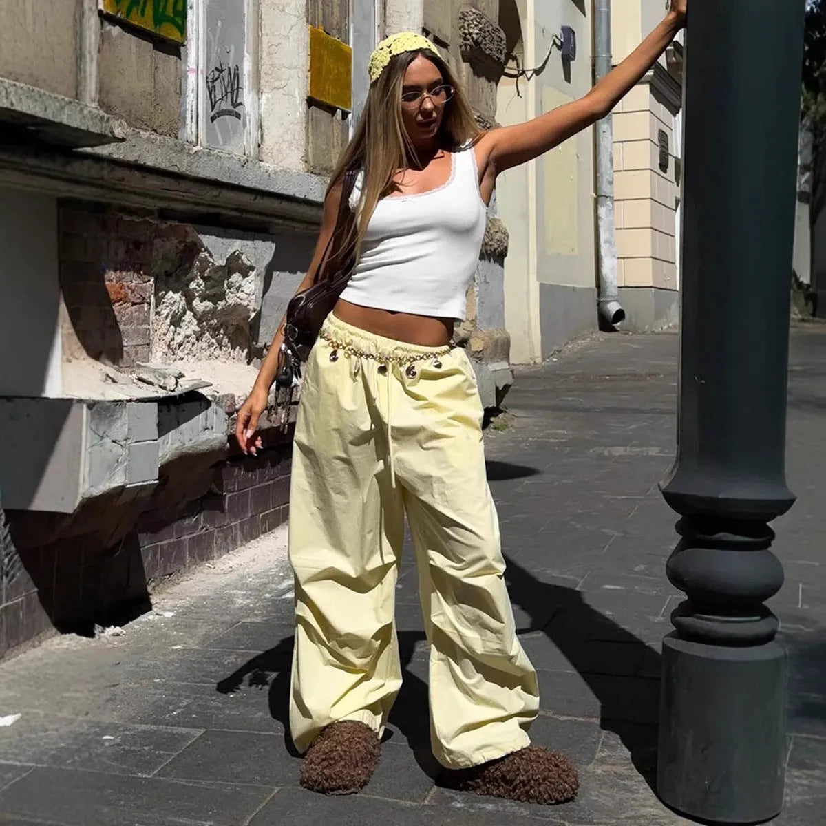 Women's yellow cotton drawstring straight leg loose casual trousers, mid waist, sizes S M L, European American style work clothes
