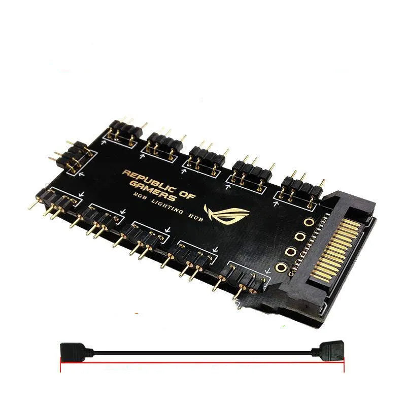 Black AURA RGB 10-port 5V SATA power supply hub for PC case lighting control