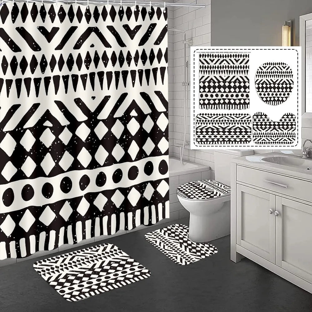 Bomi printed polyester shower curtain and anti-slip floor mat set in modern simplicity style, multiple colours
