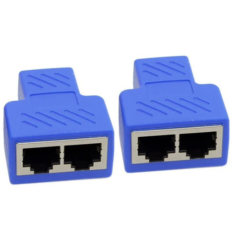 A white RJ45 network splitter adapter with one male and two female Ethernet ports.