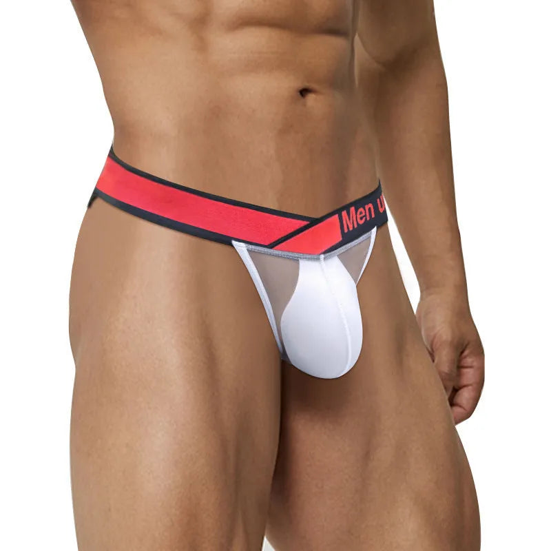 Men's black nylon briefs showing low waist and large V gradient high fork design