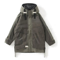 Apricot hooded zipper down jacket for men with polyester fabric and lapel collar
