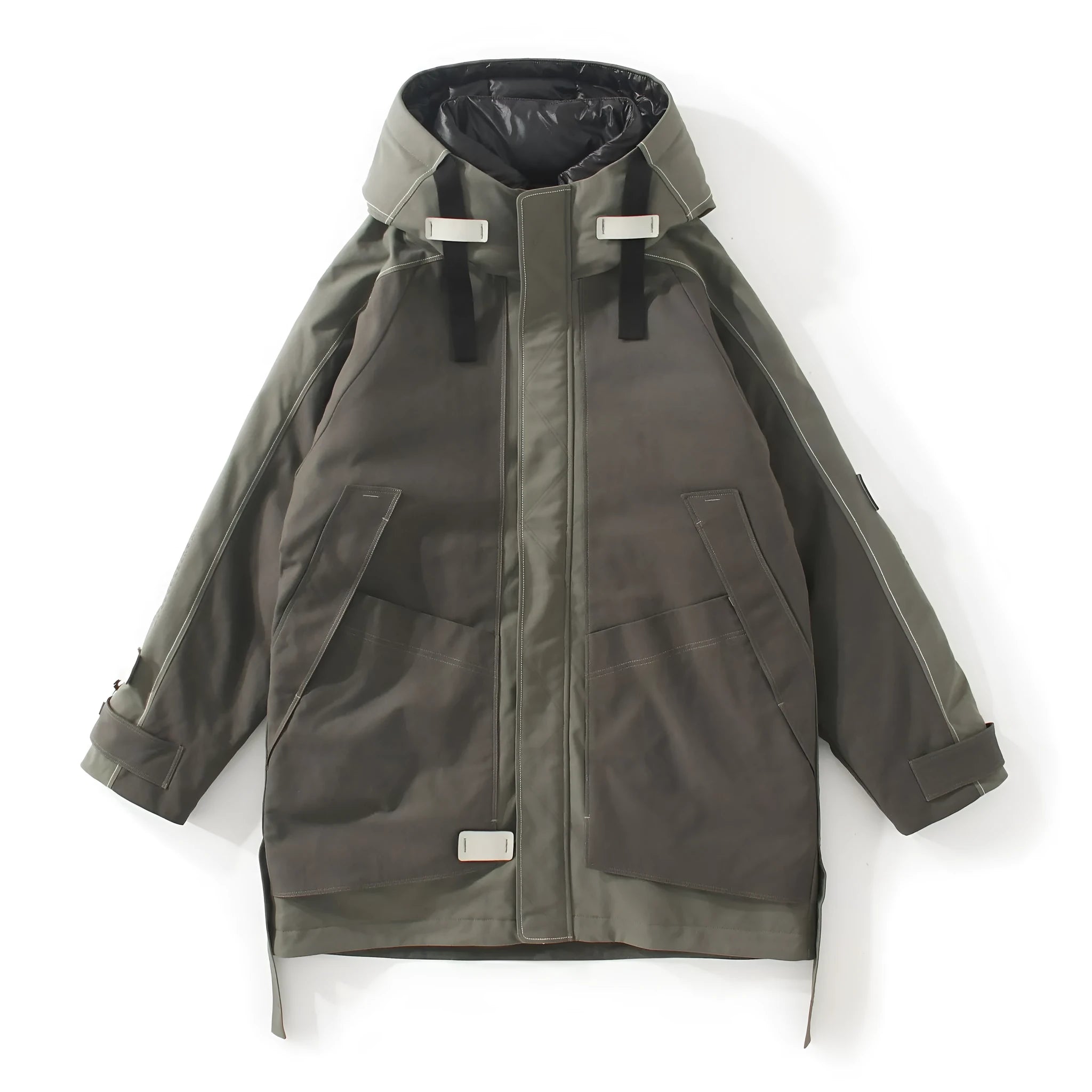 Apricot hooded zipper down jacket for men with polyester fabric and lapel collar