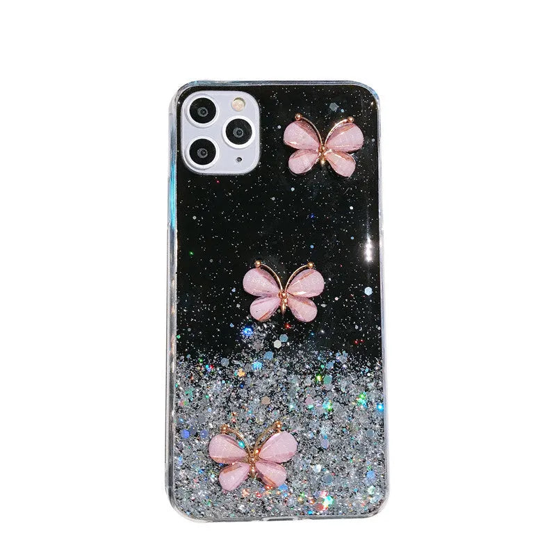 Fashion butterfly glitter starry sky TPU phone case with drop protection, transparent pink back cover for iPhone