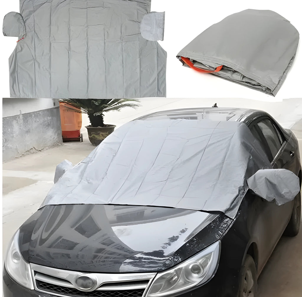 Gray magnetic car windshield cover for sun, snow, frost, and ice protection on a car