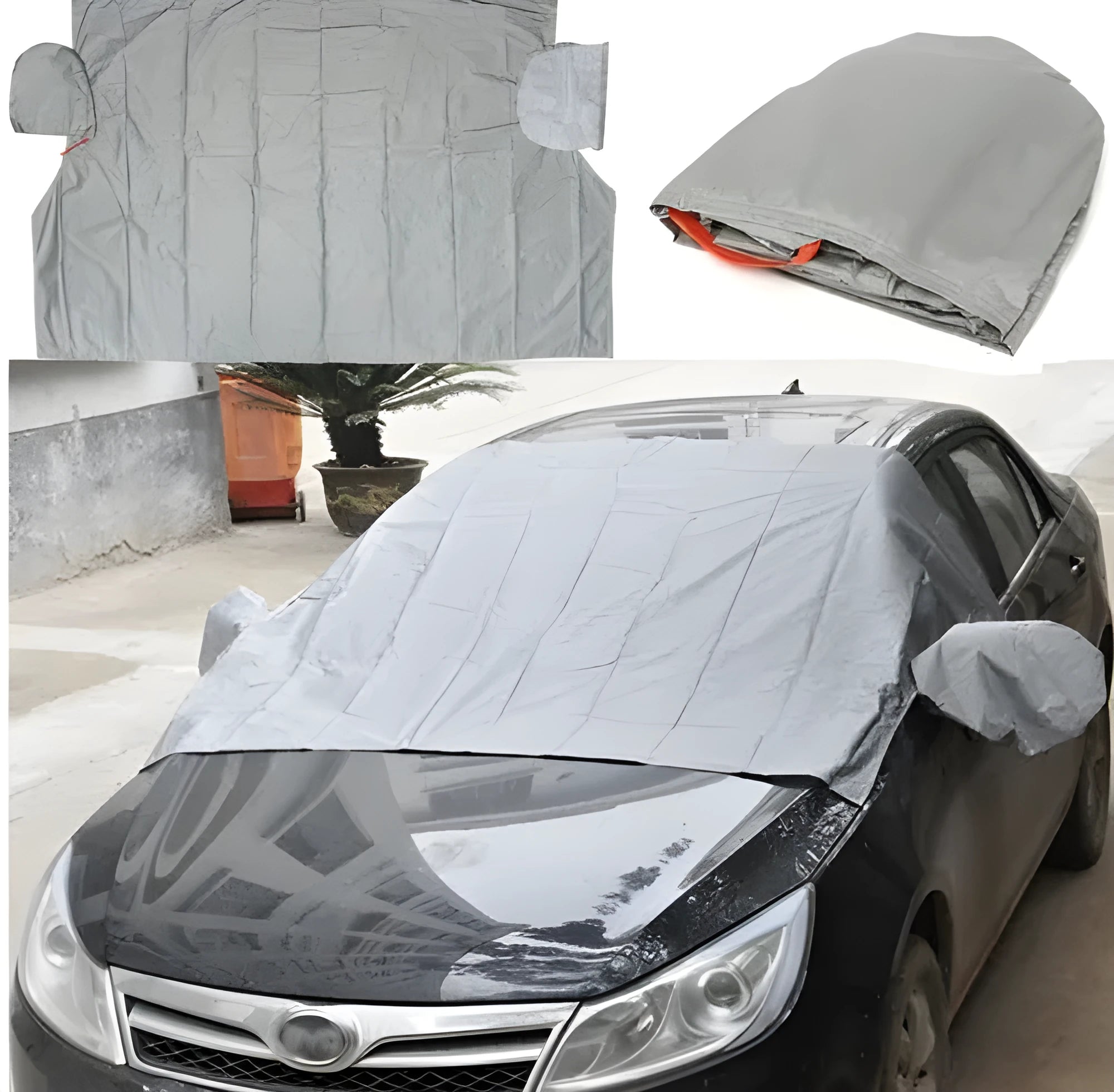 Gray magnetic car windshield cover for sun, snow, frost, and ice protection on a car