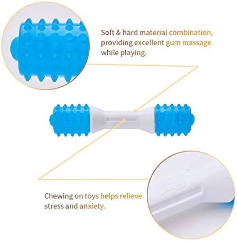 Dual-colour rubber puppy teething chew toy for dogs aged 2 to 8 months, shown in small, medium, and large sizes.