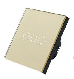 Touch light switch with tempered glass panel in black, gold or white for 220V lighting circuits