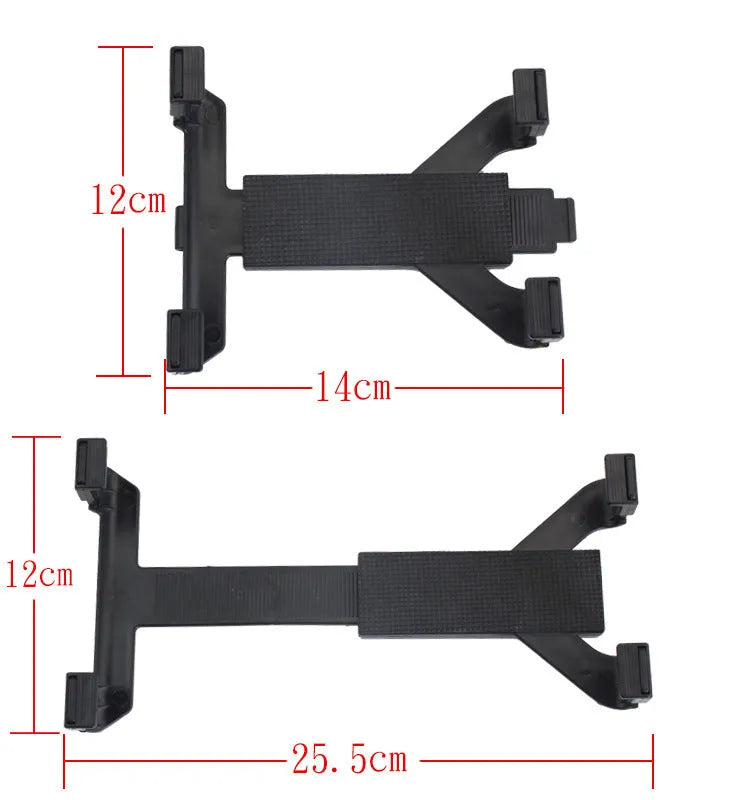Black bicycle tablet computer stand with adjustable clamp holding an iPad, three-sided sponge padding visible