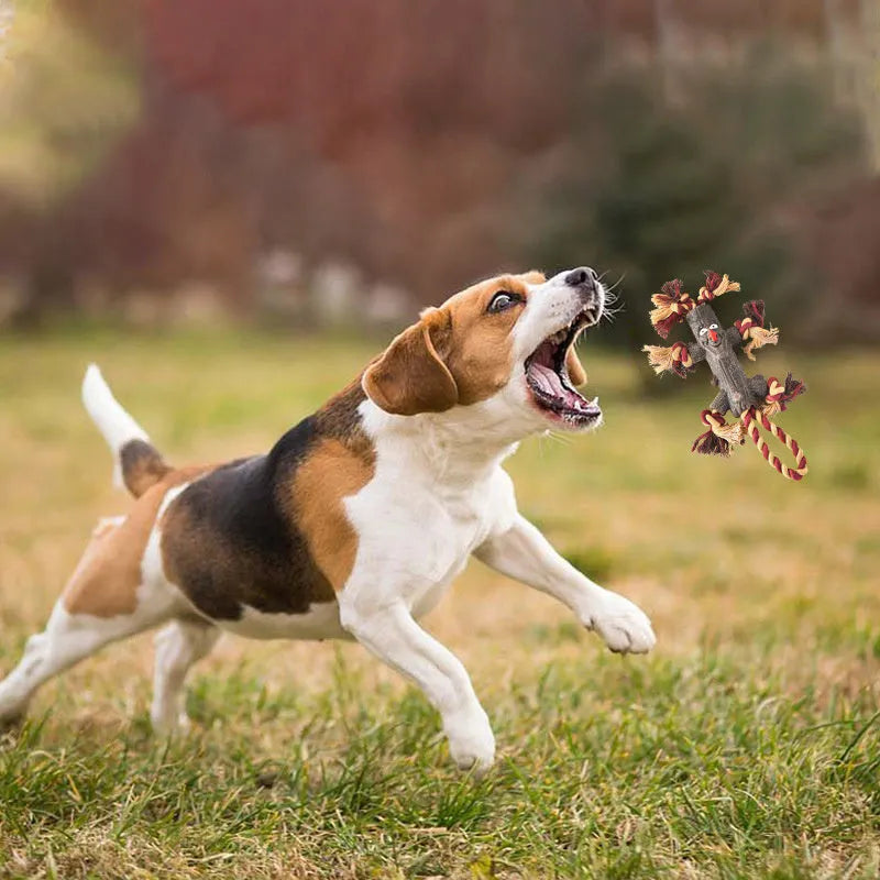 Large dog toy with rubber log shape, TPR knot, and rope for fetch and tugging, suitable for heavy chewers