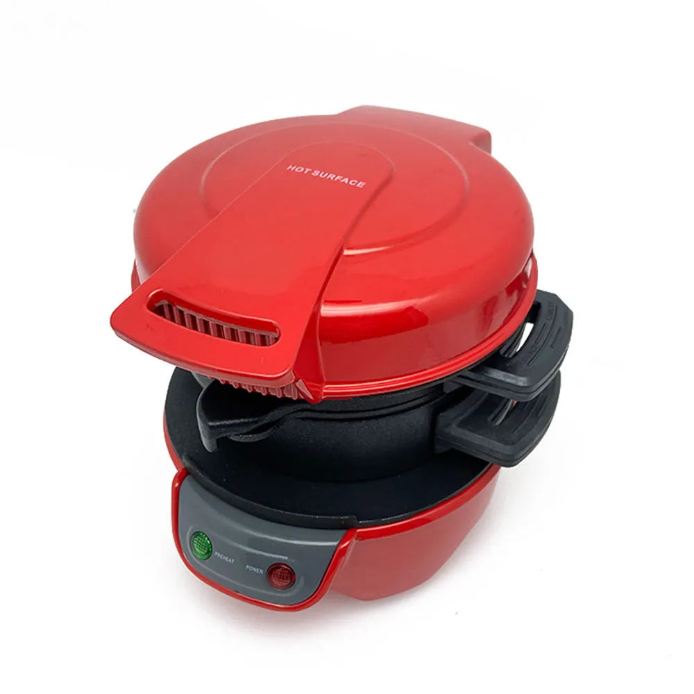 Bright red orange silver grey breakfast machine sandwich maker with egg cooker ring and waffle functions