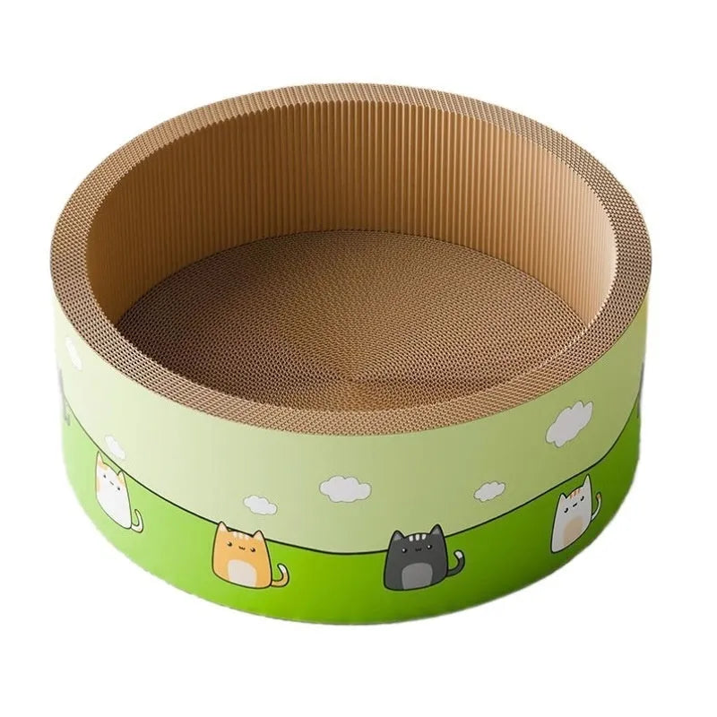A large, round brown corrugated cardboard cat scratch board with a deep central pit, shown on a wooden floor.