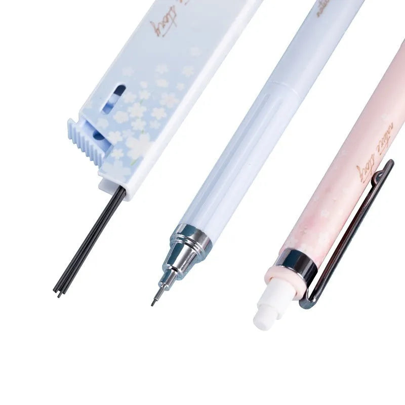 Cartoon style 0.5mm automatic pencil set with three pencils and three HB lead refill boxes.