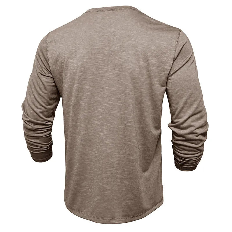 Men's long-sleeved Henry collar T-shirt in slub cotton blend, pullover style, available in eight colours and sizes S-XXL