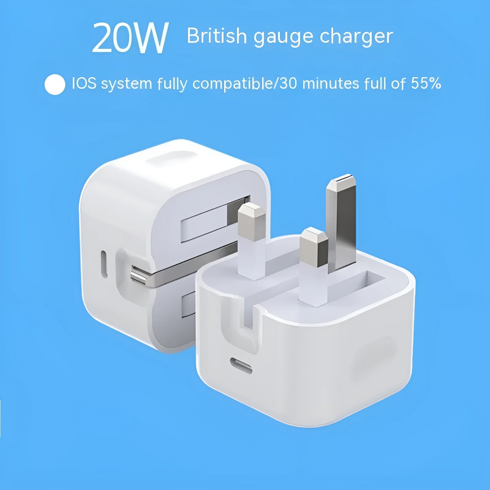 White British 20W USB-C PD fast charger with multiple cable length options including 1m, 1.5m, and 2m