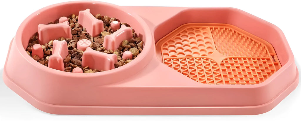 Blue green pink or yellow slow feeder dog bowl with puzzle channels and non-slip base