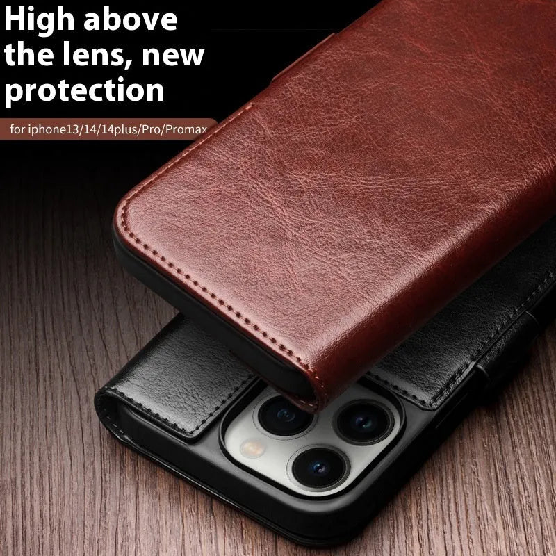 Genuine leather magnetic flip cover for iPhone 14 with card slot and kickstand in black colour