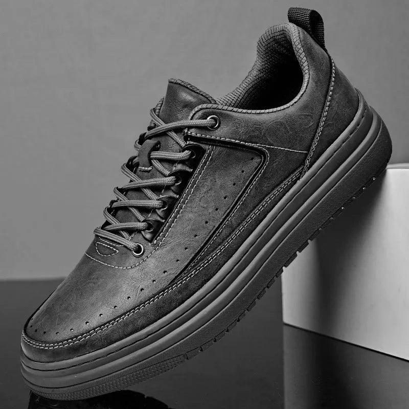 Men's retro genuine cowhide leather lace-up casual shoes in black, round toe, flat heel, rubber sole
