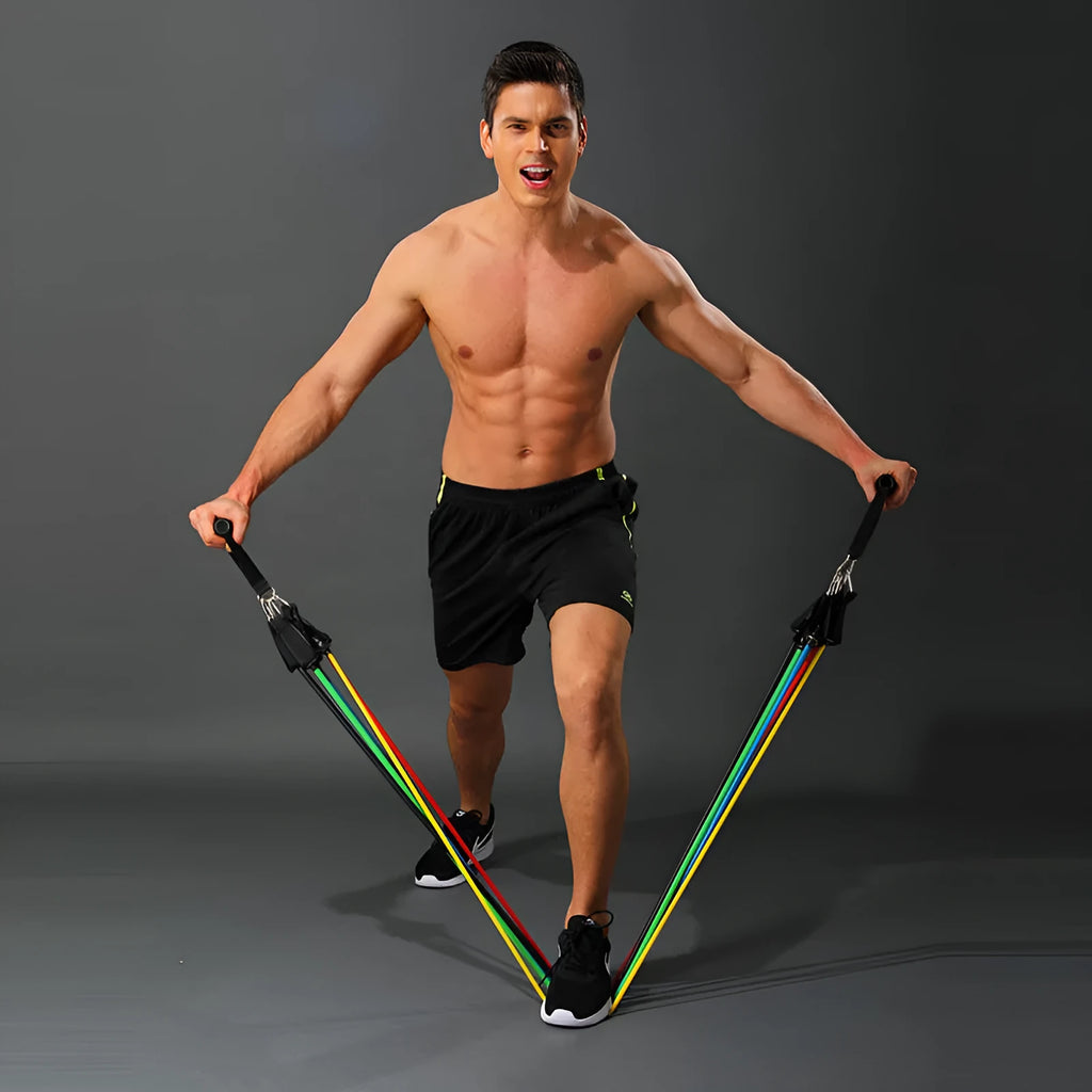 11 piece TPE latex resistance tensioner set for home fitness with colour coded bands
