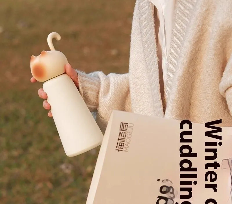 Beige cat shape portable thermos cup with 316 stainless steel liner and 201 stainless steel shell