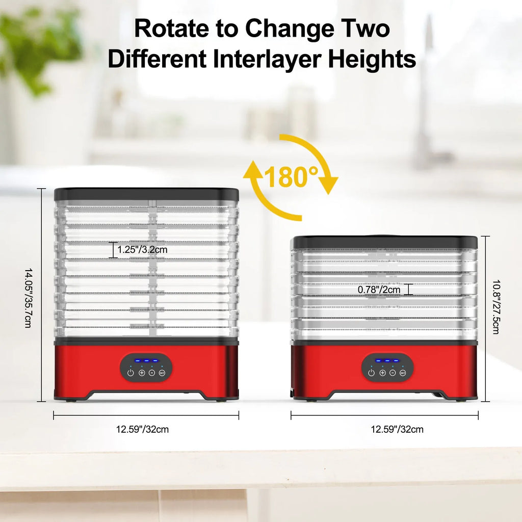 Silver household food dehydrator with 8-layer tray system showing expanded height configuration