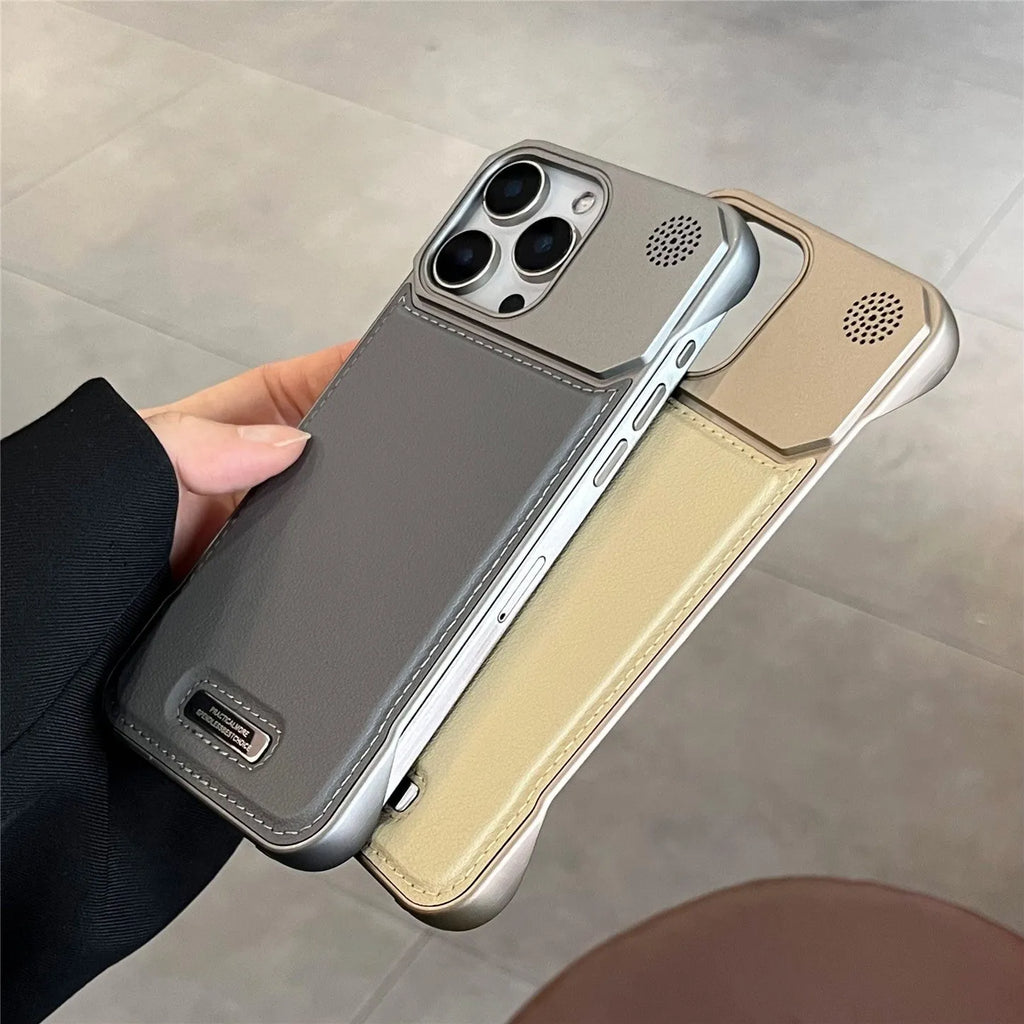 Aromatherapy leather magnetic phone case for iPhone, frameless hard PC cover in Black, Gray, Blue, Brown or Gold.
