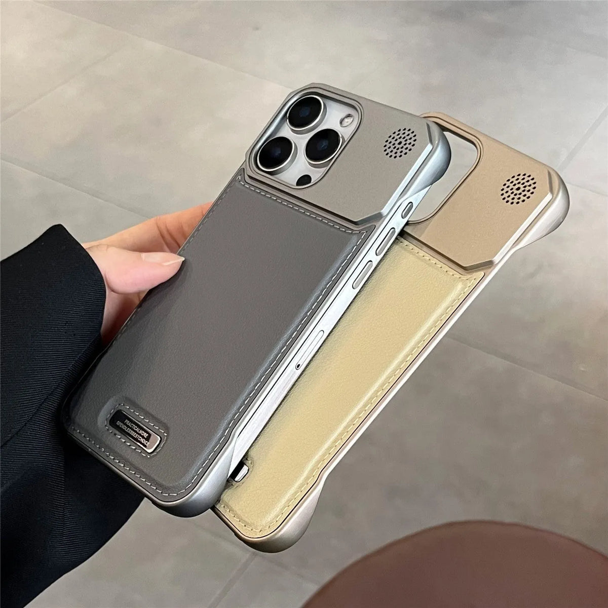 Aromatherapy leather magnetic phone case for iPhone, frameless hard PC cover in Black, Gray, Blue, Brown or Gold.