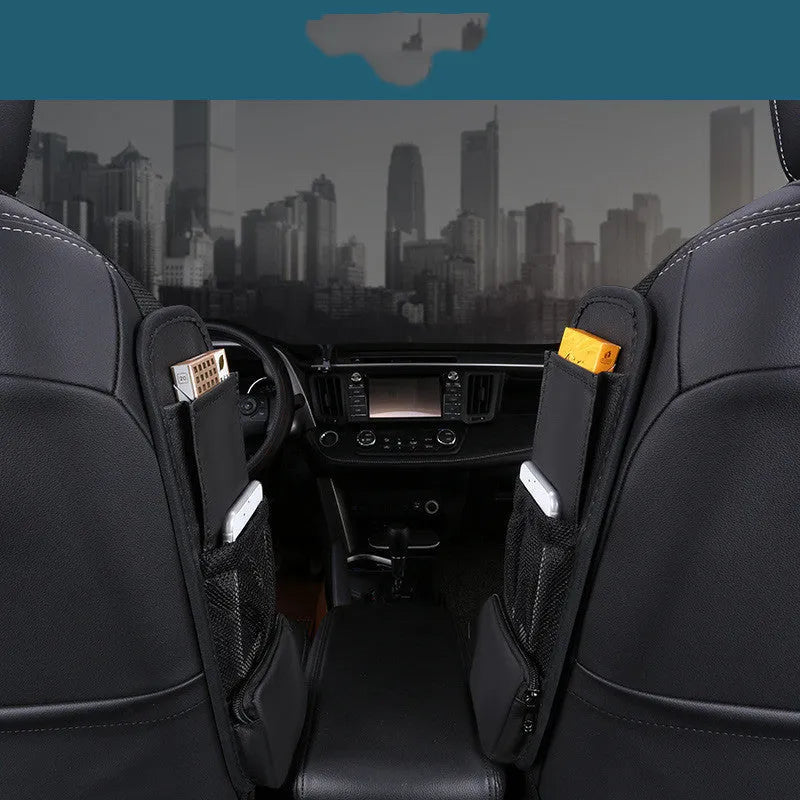 Multifunctional leather car side pocket storage bag with hook installation in black, fitted to middle of car seat