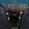 Multifunctional leather car side pocket storage bag with hook installation in black, fitted to middle of car seat