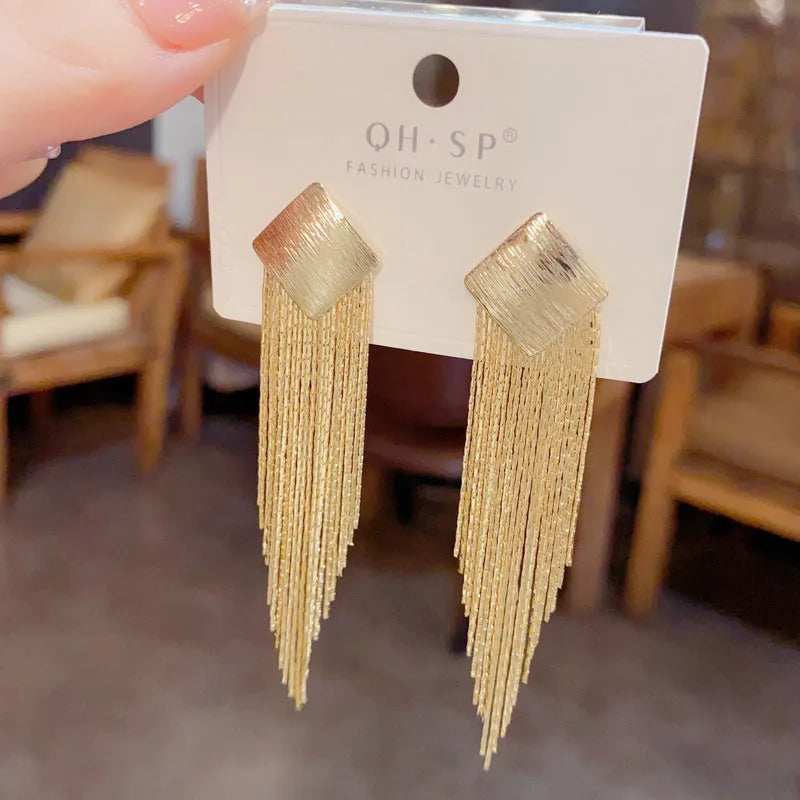 Geometric metal diamond tassel earrings for women, copper with electroplated gold colour finish