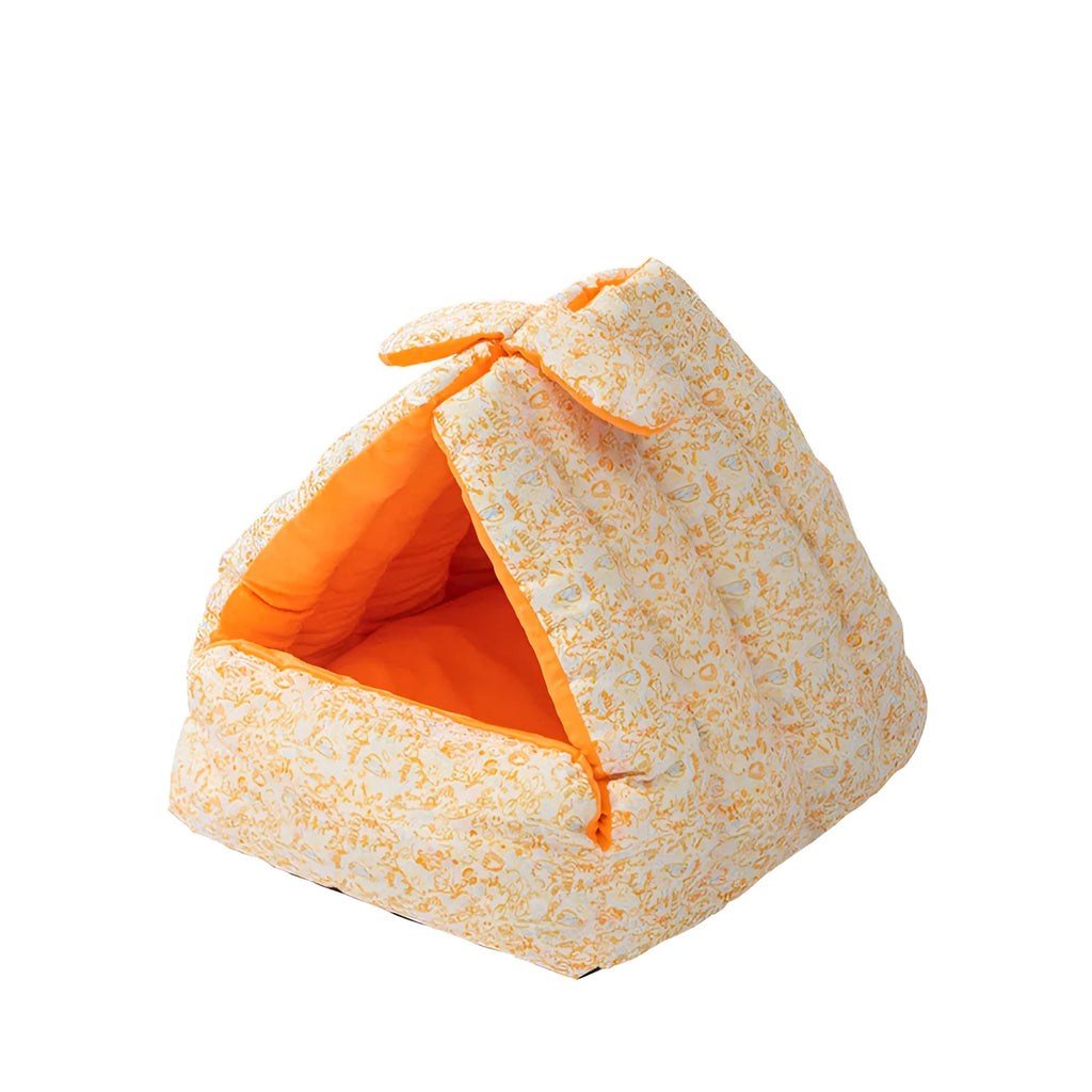 Semi-enclosed triangle pet nest in green and orange colours with thickened plush padding for small pets