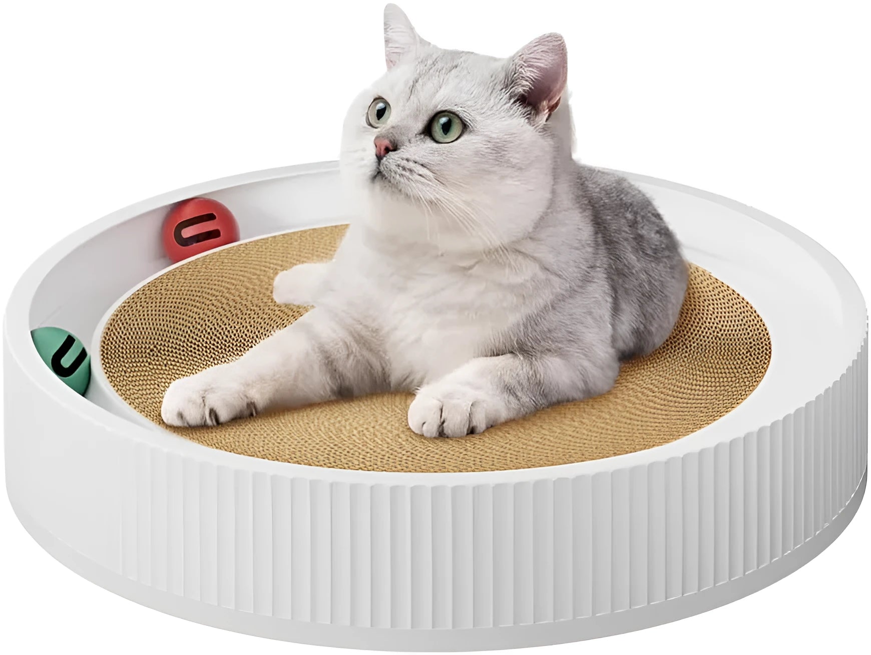 Large circular green cat scratching board with integrated ball toys measuring 45cm diameter