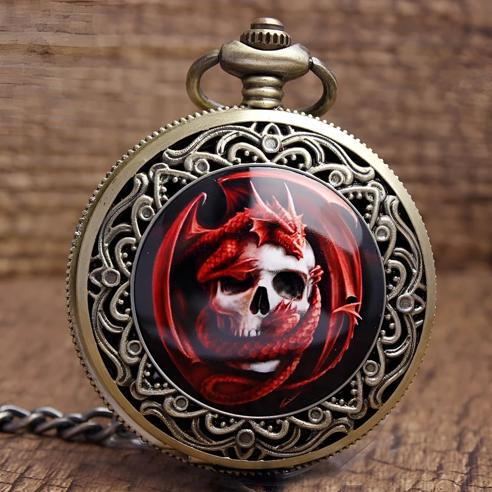 Classical retro ceramic skull pocket watch with alloy case 4.7cm bronze skull detail and chain