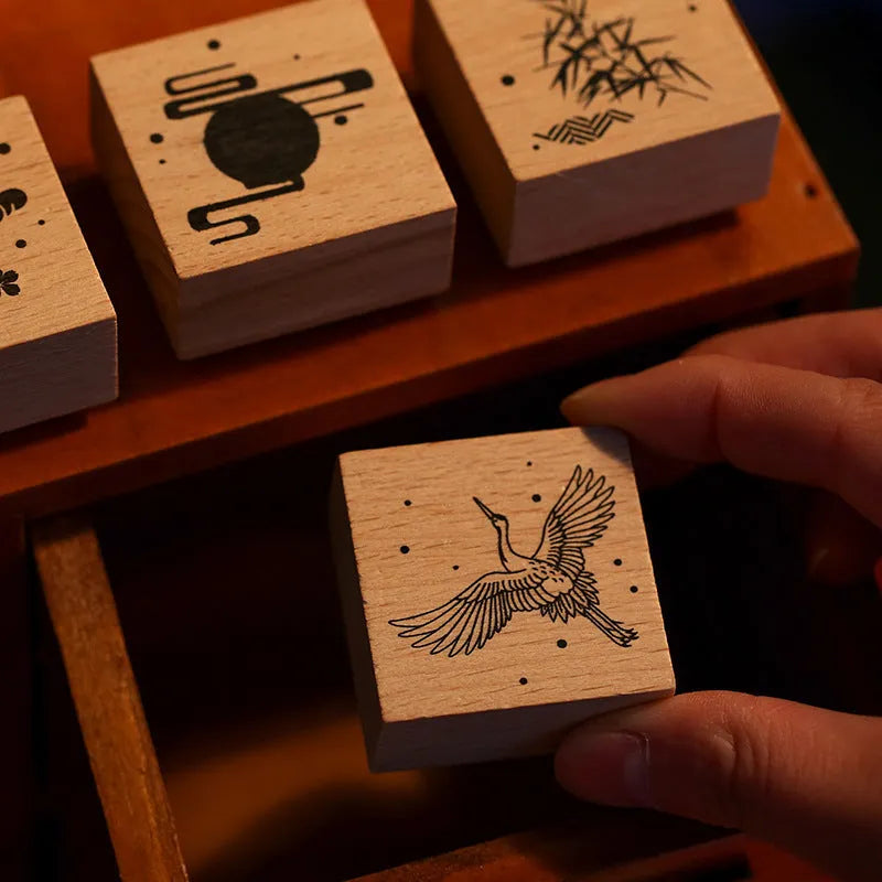 Mr. Paper wooden seal set, Huahegui series, with crane design on wood and rubber stamp for DIY printing